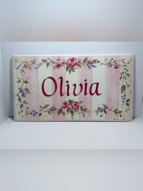 'Olivia' Pink Floral Name Plaque
